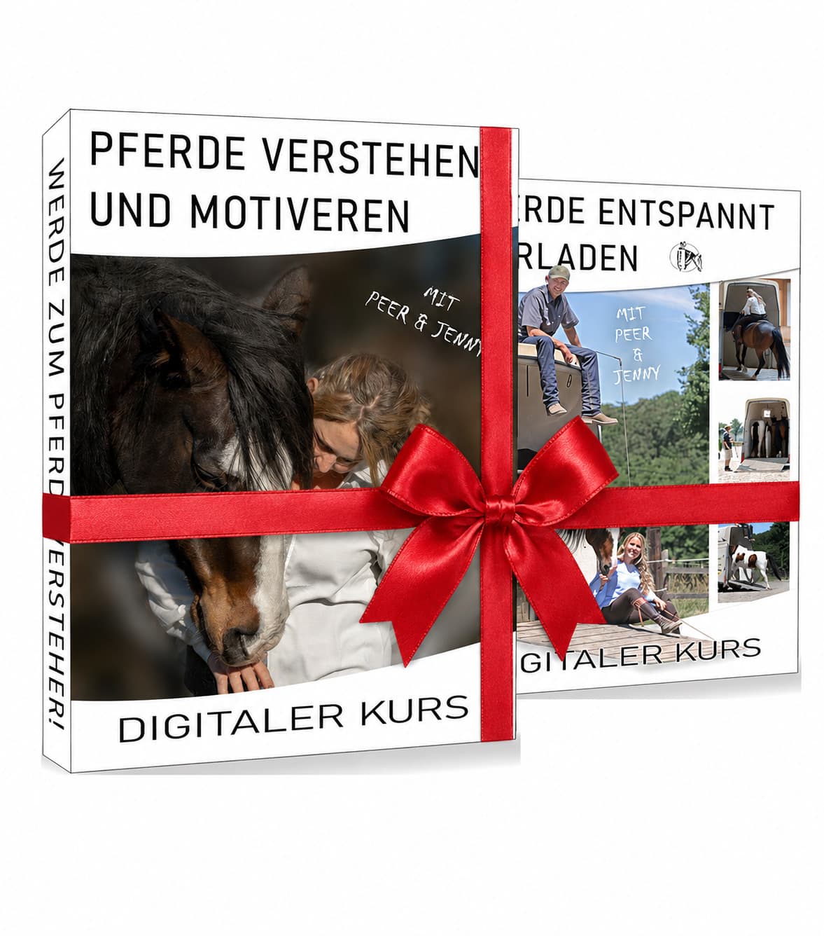 Zwei digitale Kurse von Peer und Jenny als Geschenk-Bundle mit roter Schleife.
