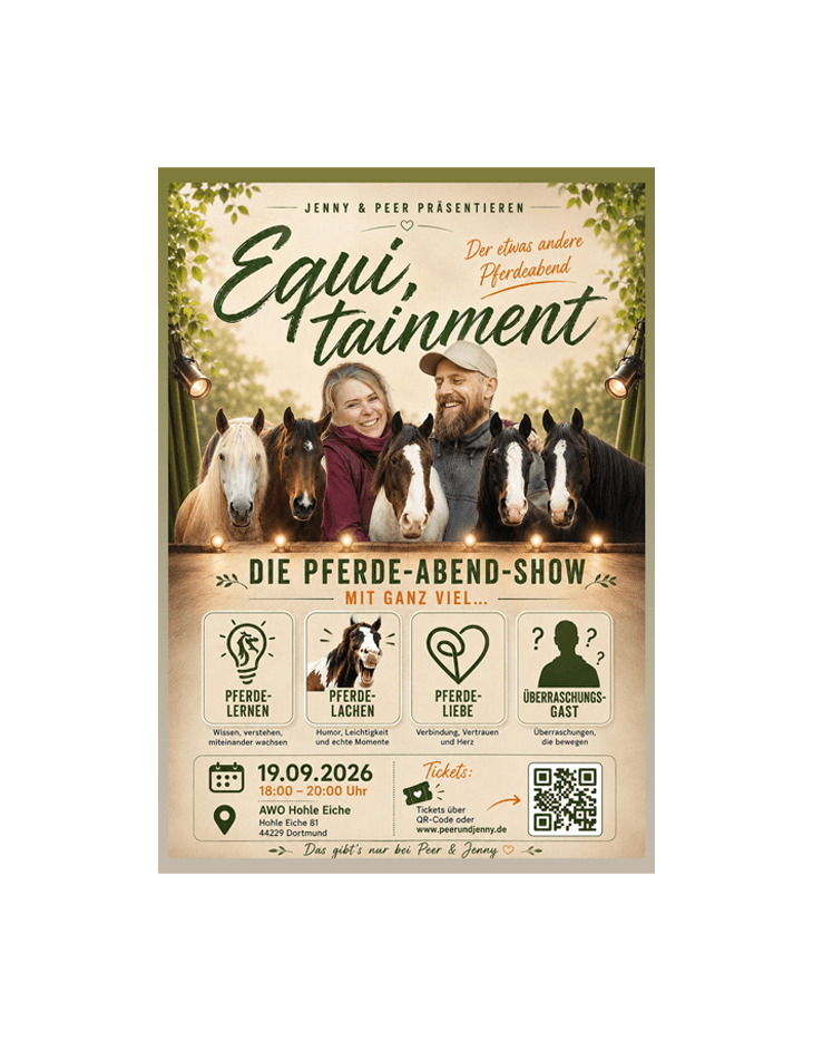 Eventflyer „Equi,tainment“ – Jenny und Peer mit fünf Pferden, die Pferde-Abend-Show.